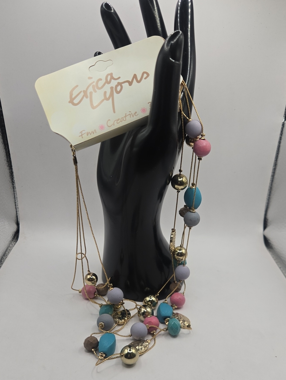 NEW Erica Lyons Gold-Chain Necklace with Pink, Teal, Lavender & Gray Beads